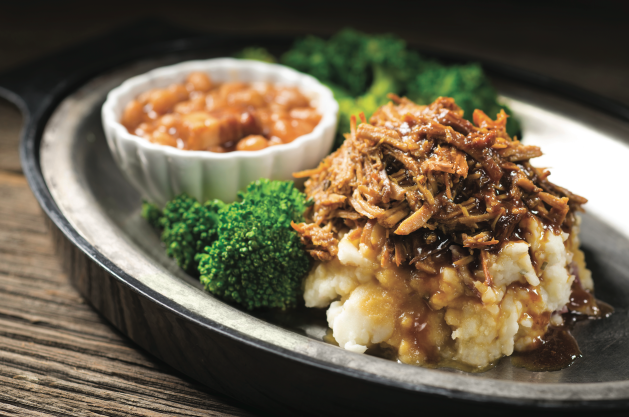 Pulled pork and broccoli on plate