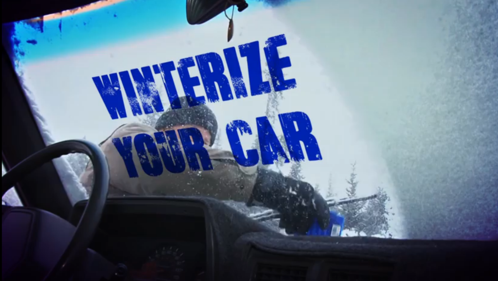 winterize Your car written on a snowy windshield