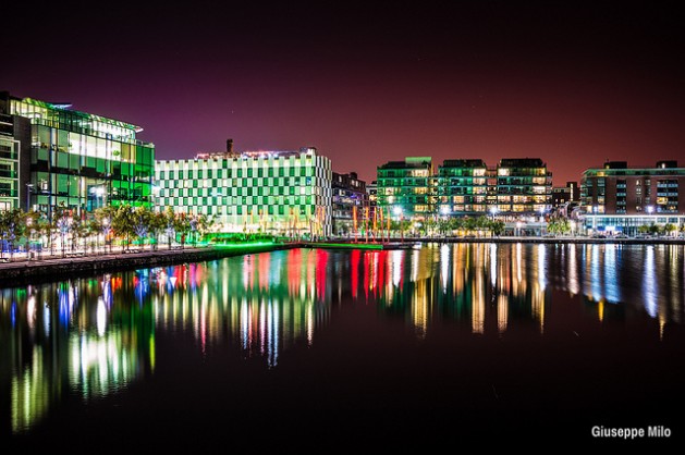 Water reflection of Grand Canal, Dublin, Ireland at night