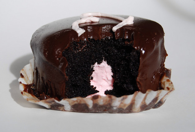chocolate cupcake with pink filling