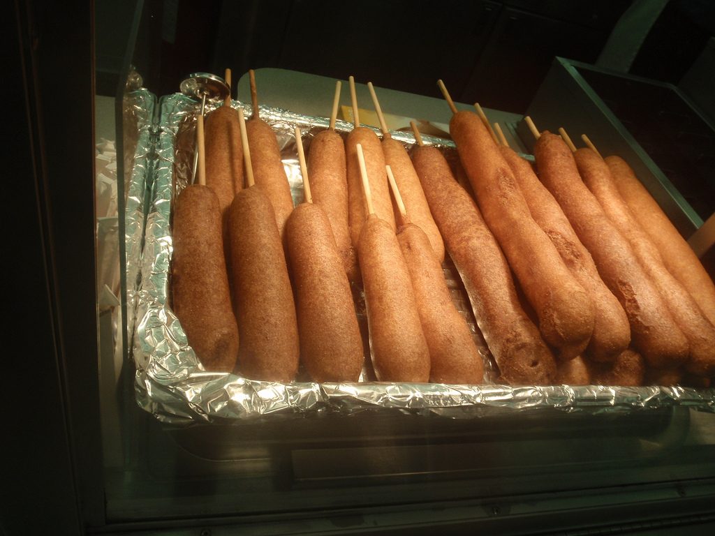 corn dogs in tray