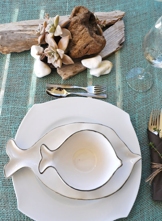 mint burlap table runner with fish shaped plates