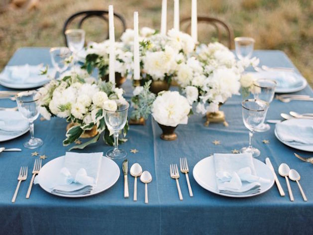 steel blue table cloth wedding reception