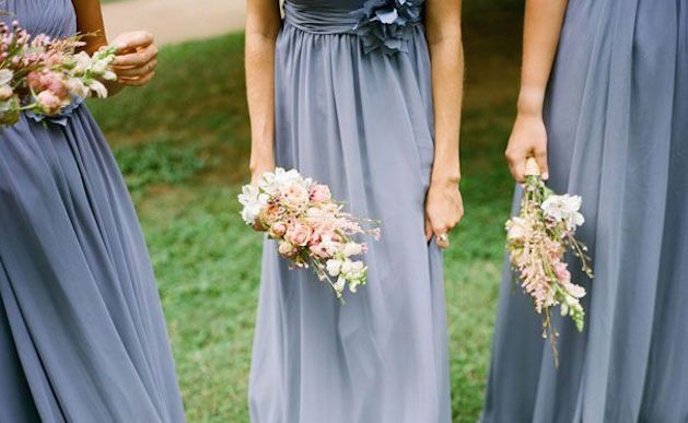 steel blue bridesmaids dresses and pink bouquets