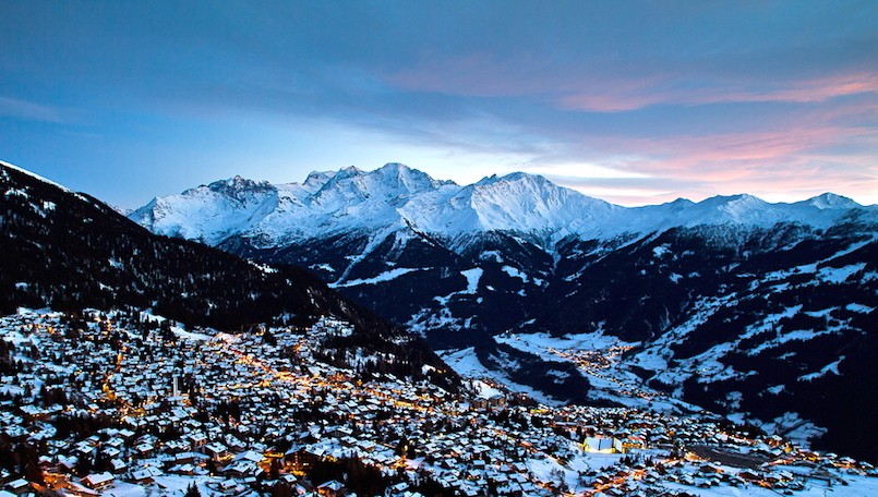 Verbier Alpine town with snow and lights