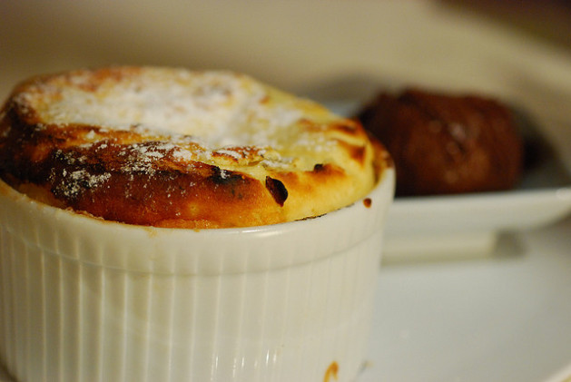 Soufflé in white corning ware dish