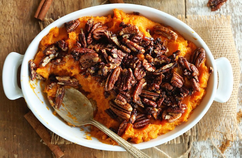 butternut squash sweet potato mash with maple cinnamon pecans