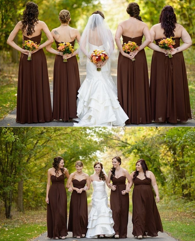 bride in white dress with four brides maids in chocolate brown
