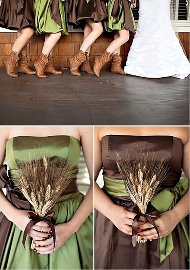 bridesmaids in green and chocolate brown dresses with bearded wheat