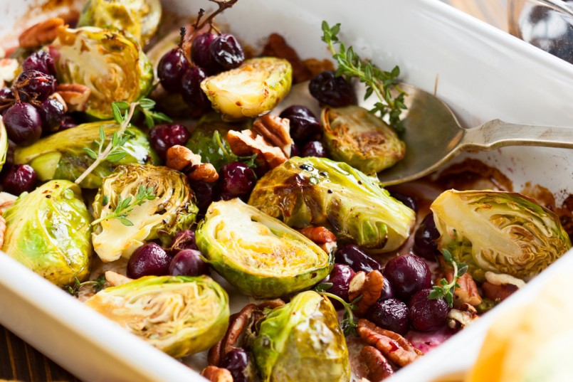 roasted brussels sprouts with grapes, nuts and balsamic vinegar