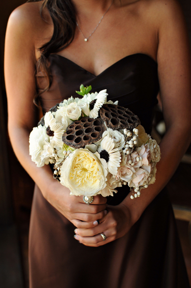 woman in chocolate brown dress with bouquet