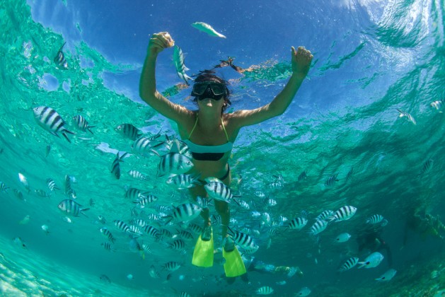 Beautiful girl with black hair has been snorkeling on the island of Mauritius in the Indian Ocean. She feeds the fish under water in clear turquoise water