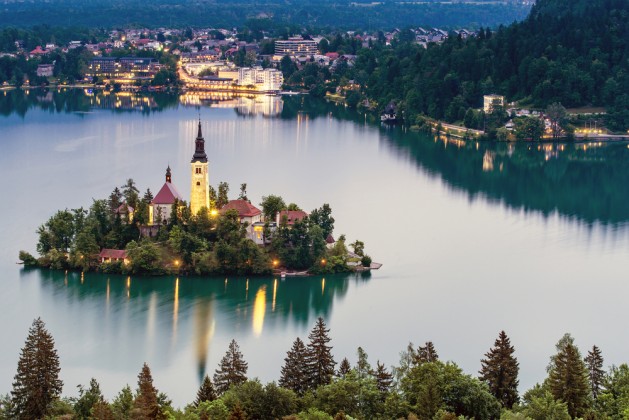 Aerial view of church of Assumption in Lake Bled, Slovenia