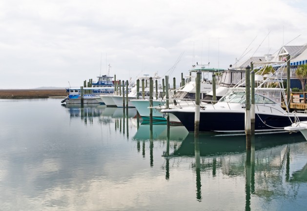 Assorted pleasure boats moored at the docks of Murrell's Inlet, South Carolina