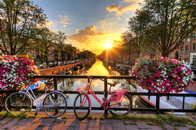 Beautiful sunrise over Amsterdam, The Netherlands, with flowers and bicycles on the bridge in spring