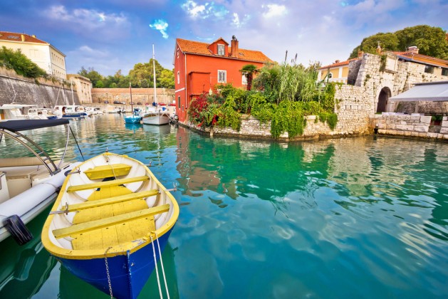 Historic Fosa bay in Zadar boats and architecture view, Dalmatia, Croatia