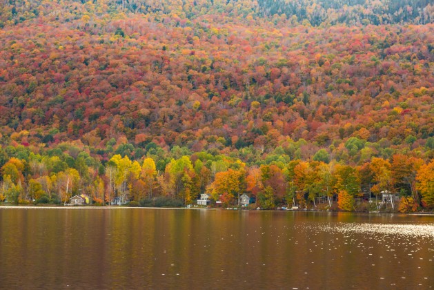 Beautiful autumn foliage and cabins in Elmore state park, Vermont