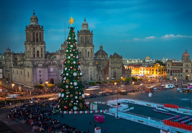 Mexico City, Mexico - December 3, 2016: Metropolitan Cathedral and Christmas Tree Decorations in Zocalo, Mexico City
