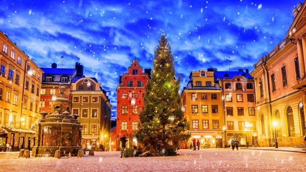 Stortorget square decorated to Christmas time at night, Stockholm, Sweden.